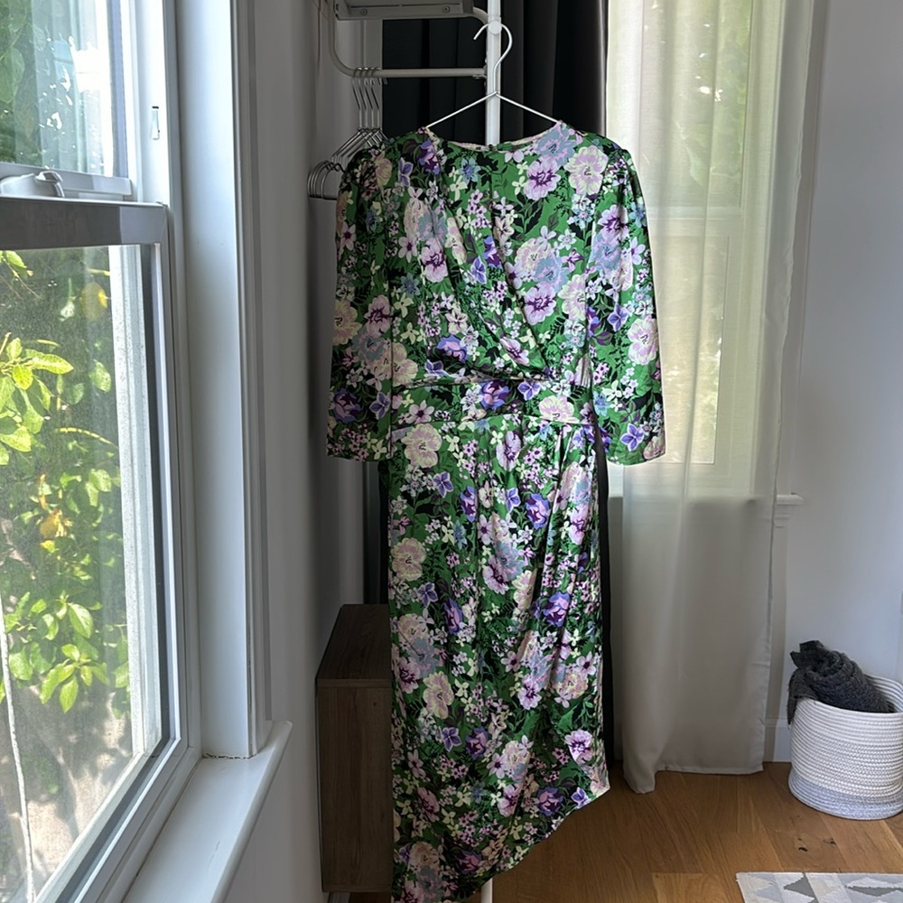 Green Floral Asymmetrical Open Back Dress
